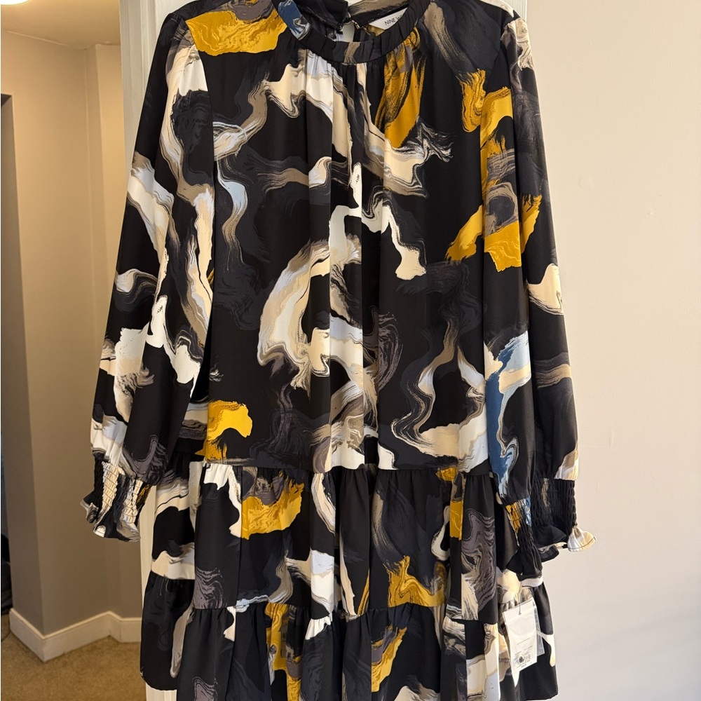 Nine West Black and Yellow Swirl Midi Dress